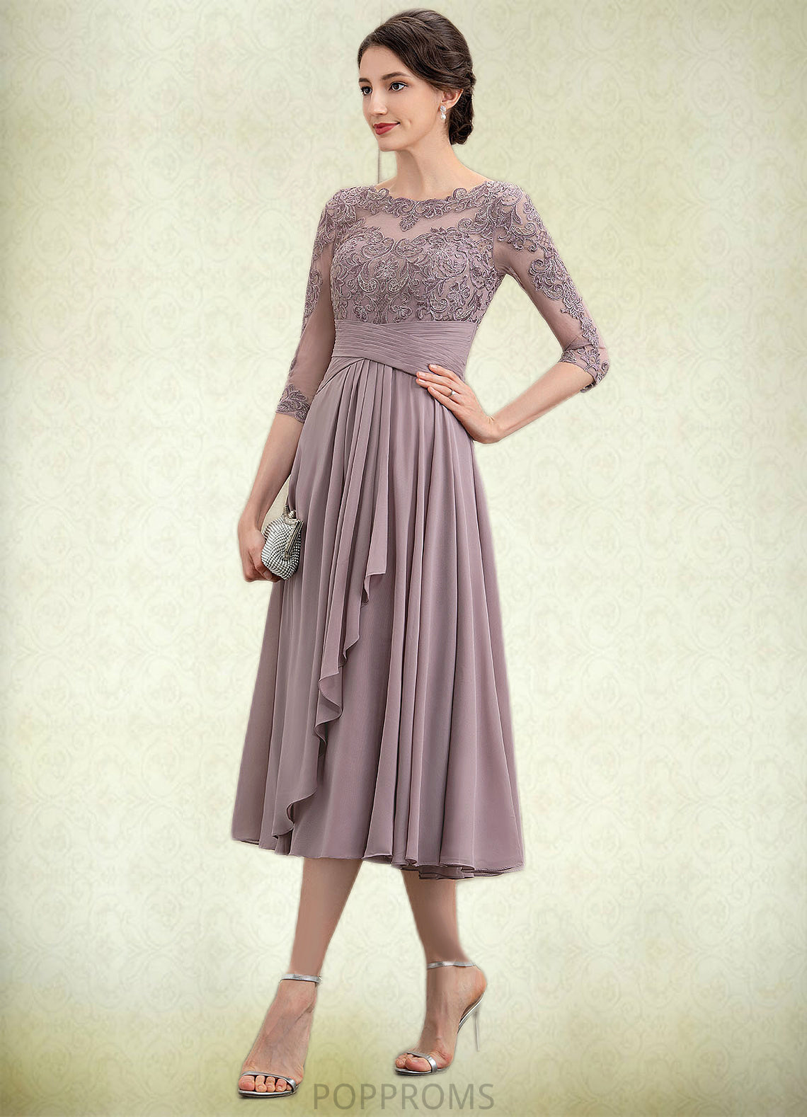 Allison A-Line Scoop Neck Tea-Length Chiffon Lace Mother of the Bride Dress With Cascading Ruffles PP6126P0014780