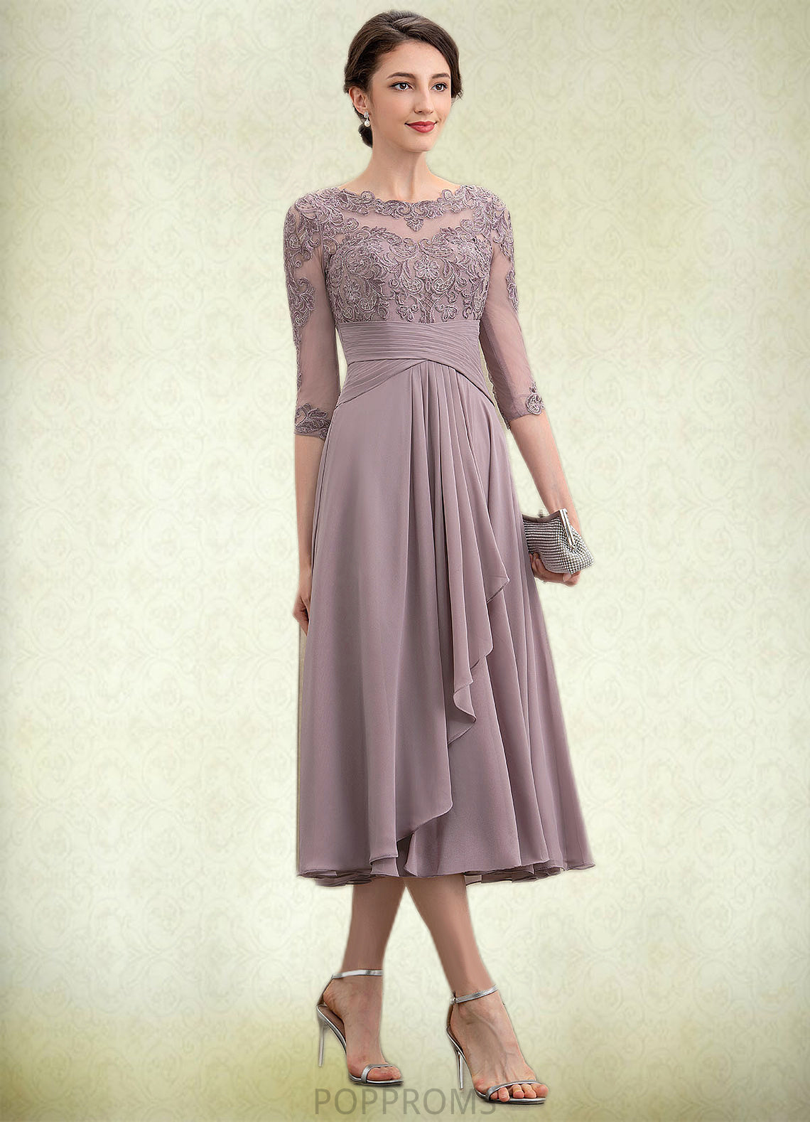 Allison A-Line Scoop Neck Tea-Length Chiffon Lace Mother of the Bride Dress With Cascading Ruffles PP6126P0014780