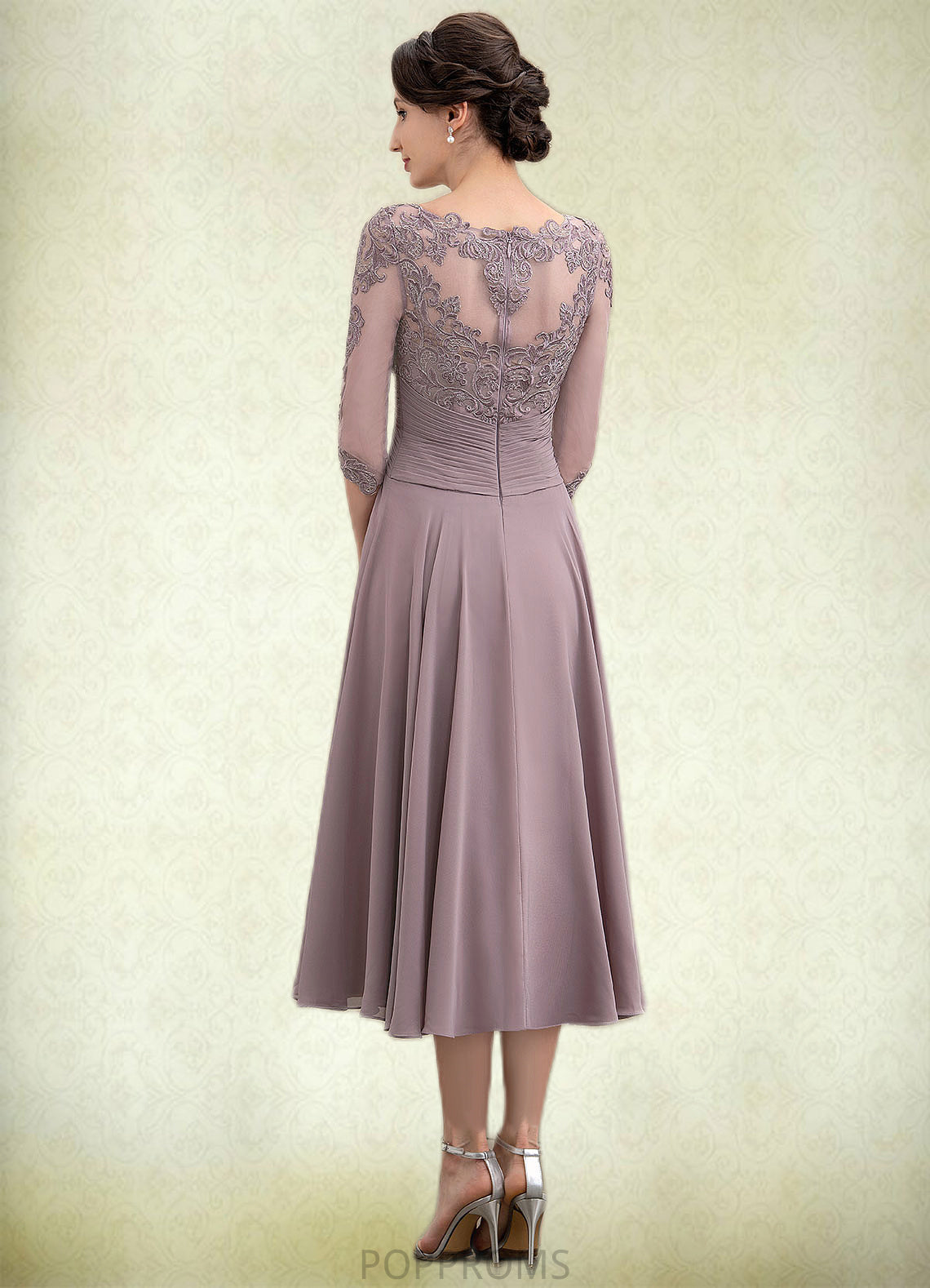 Allison A-Line Scoop Neck Tea-Length Chiffon Lace Mother of the Bride Dress With Cascading Ruffles PP6126P0014780