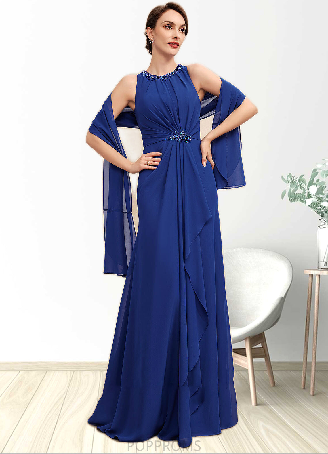 Kirsten A-Line Scoop Neck Floor-Length Chiffon Mother of the Bride Dress With Beading Cascading Ruffles PP6126P0014781