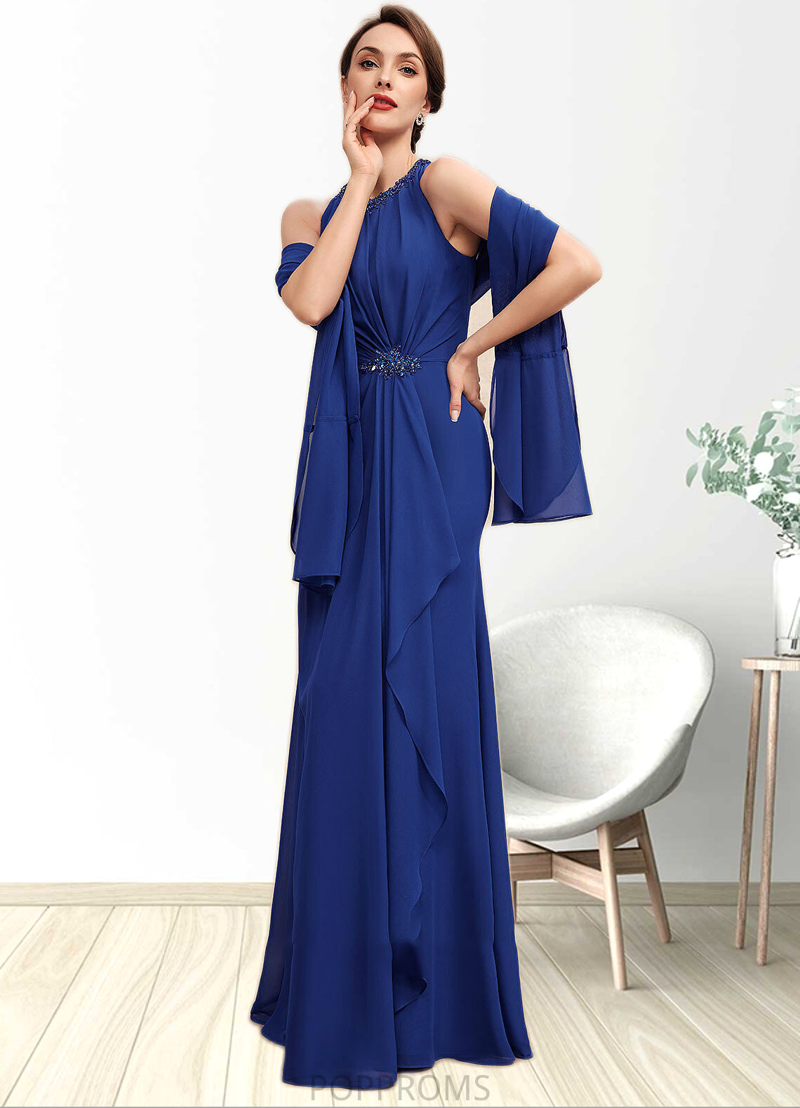 Kirsten A-Line Scoop Neck Floor-Length Chiffon Mother of the Bride Dress With Beading Cascading Ruffles PP6126P0014781