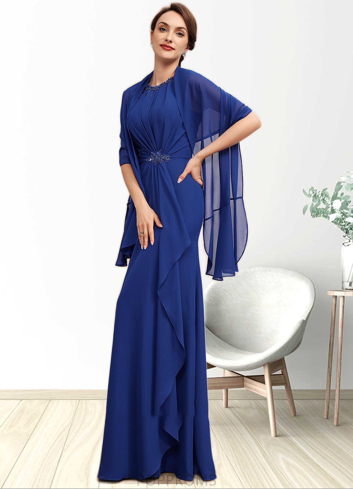 Kirsten A-Line Scoop Neck Floor-Length Chiffon Mother of the Bride Dress With Beading Cascading Ruffles PP6126P0014781