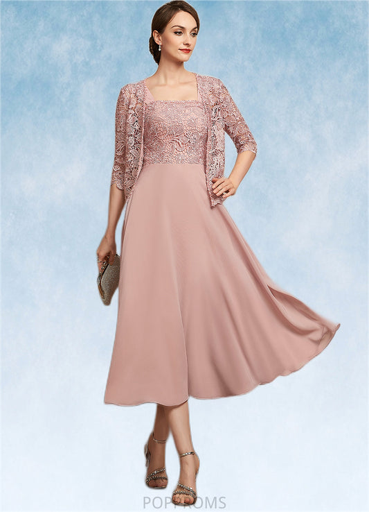 Alejandra A-Line Square Neckline Tea-Length Chiffon Lace Mother of the Bride Dress With Beading Sequins PP6126P0014789