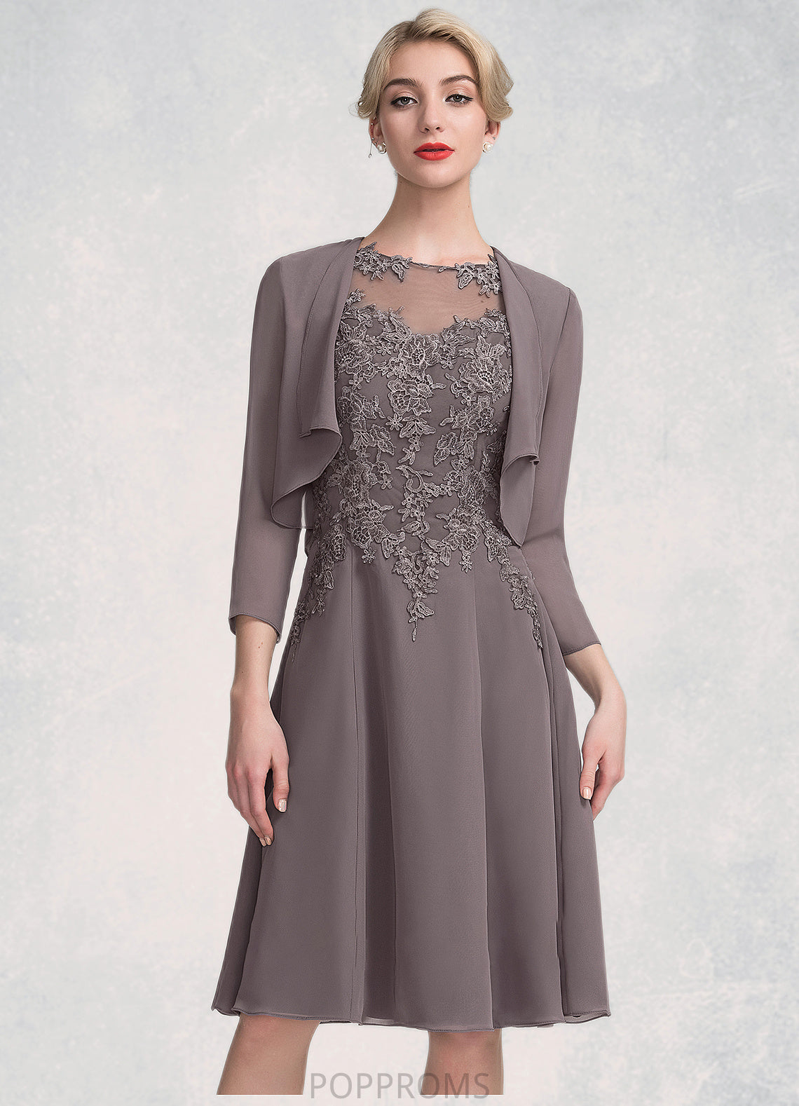 Penelope A-Line Scoop Neck Knee-Length Chiffon Lace Mother of the Bride Dress PP6126P0014790