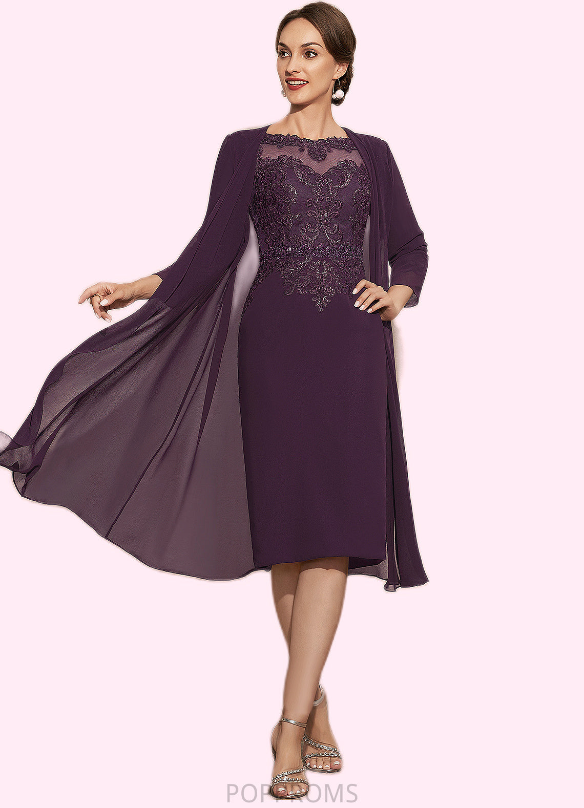 Iris Sheath/Column Scoop Neck Knee-Length Chiffon Lace Mother of the Bride Dress With Beading PP6126P0014794