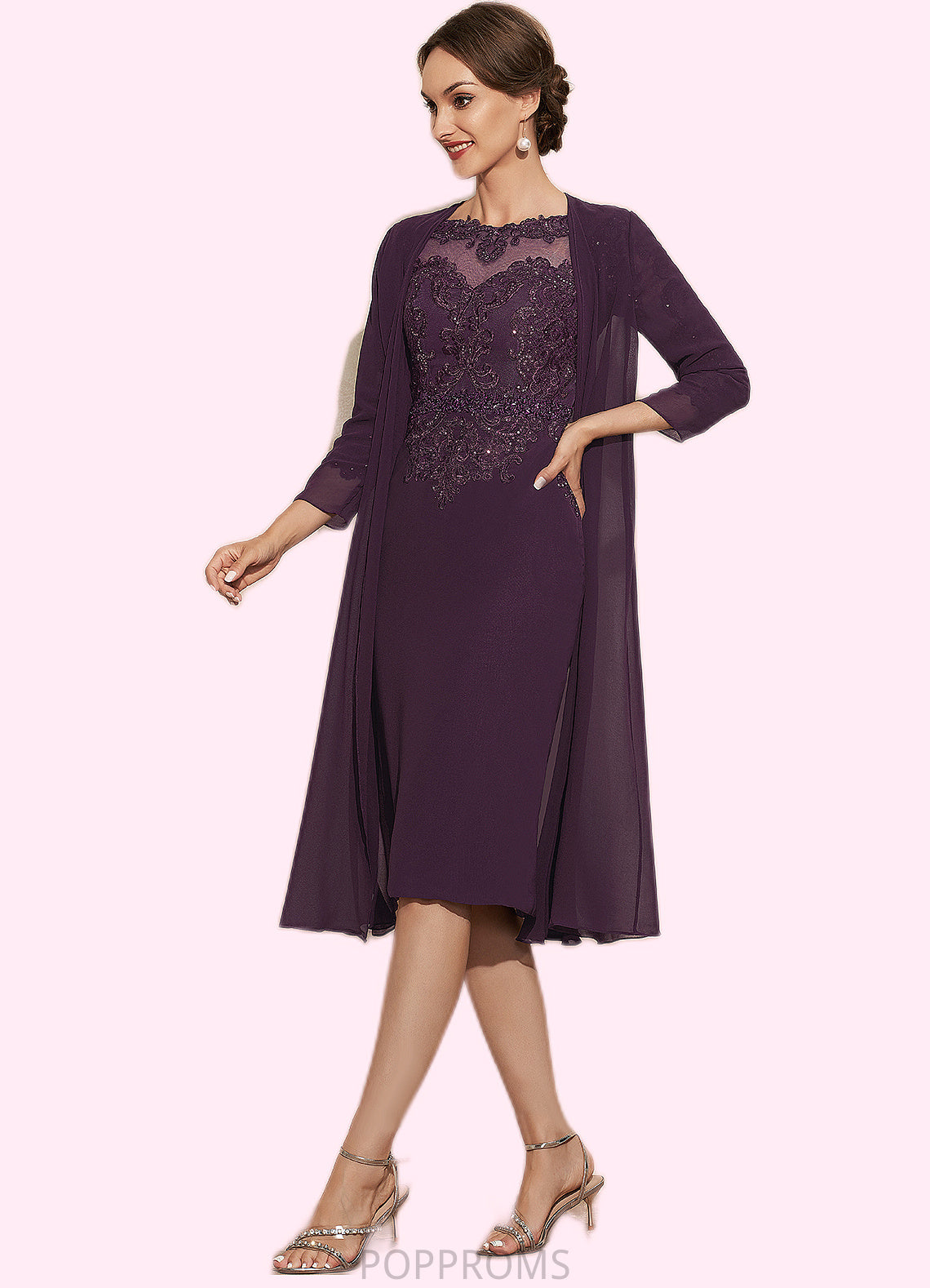 Iris Sheath/Column Scoop Neck Knee-Length Chiffon Lace Mother of the Bride Dress With Beading PP6126P0014794