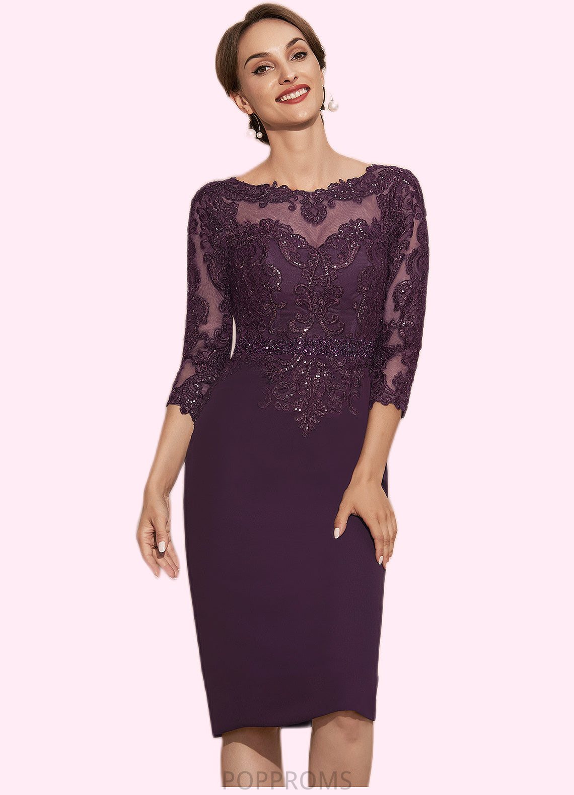 Iris Sheath/Column Scoop Neck Knee-Length Chiffon Lace Mother of the Bride Dress With Beading PP6126P0014794