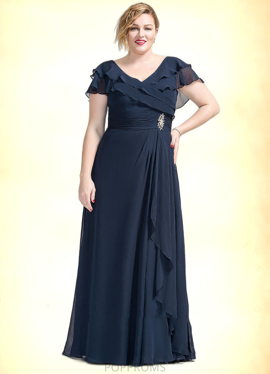 Allisson A-Line V-neck Floor-Length Chiffon Mother of the Bride Dress With Crystal Brooch Cascading Ruffles PP6126P0014796