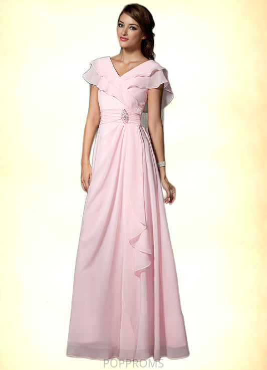 Allisson A-Line V-neck Floor-Length Chiffon Mother of the Bride Dress With Crystal Brooch Cascading Ruffles PP6126P0014796