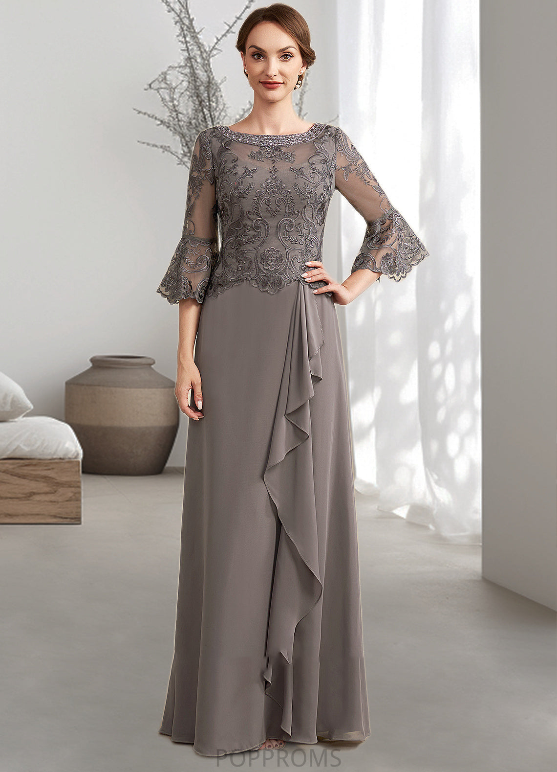 Madelyn A-Line Scoop Neck Floor-Length Chiffon Lace Mother of the Bride Dress With Beading Cascading Ruffles PP6126P0014797