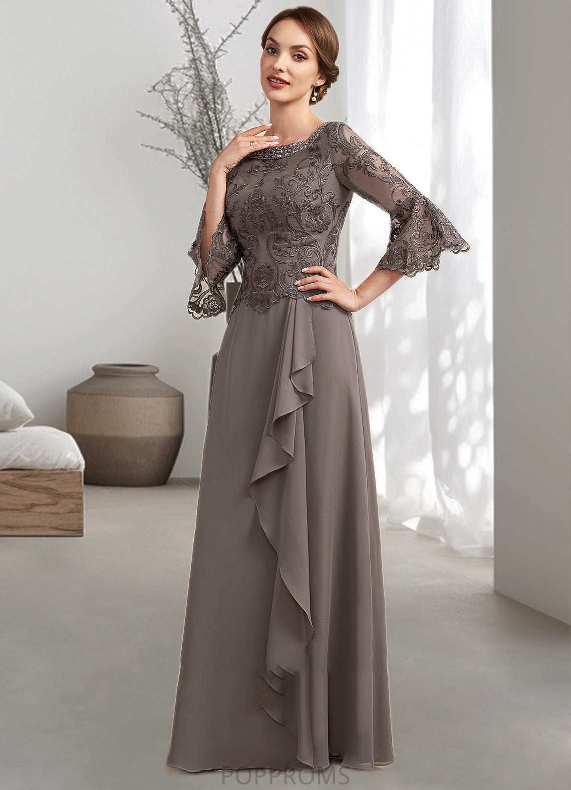 Madelyn A-Line Scoop Neck Floor-Length Chiffon Lace Mother of the Bride Dress With Beading Cascading Ruffles PP6126P0014797