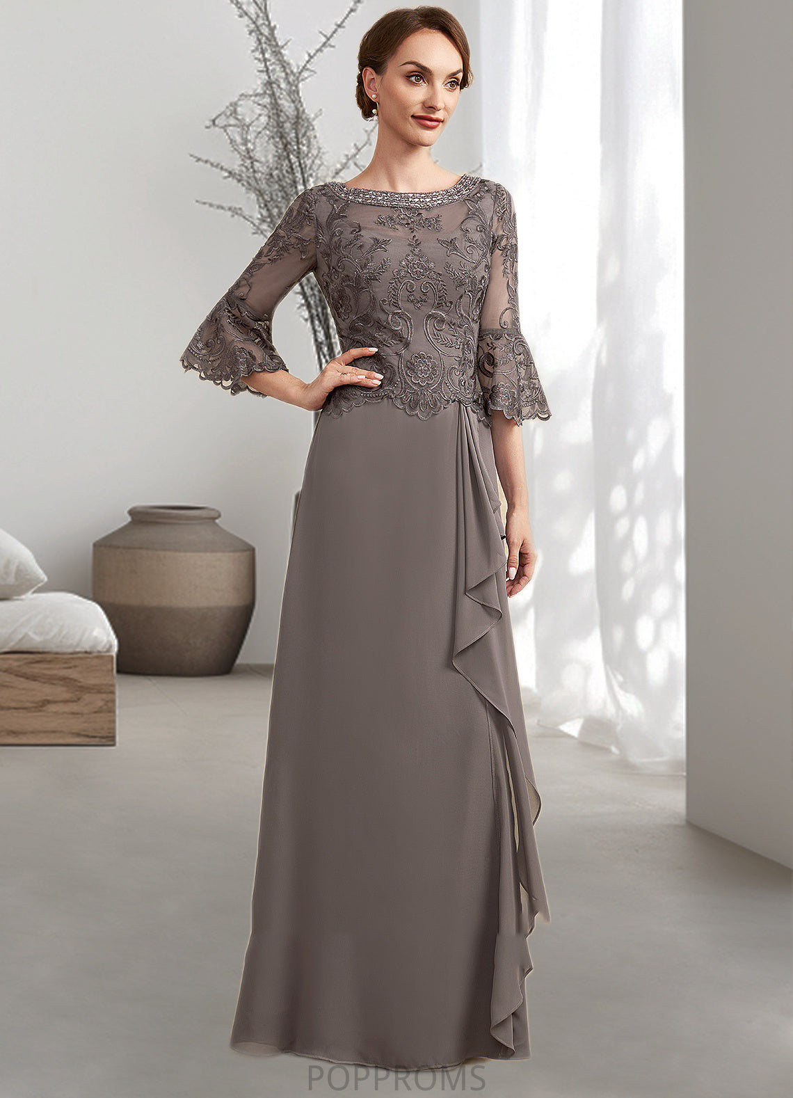 Madelyn A-Line Scoop Neck Floor-Length Chiffon Lace Mother of the Bride Dress With Beading Cascading Ruffles PP6126P0014797