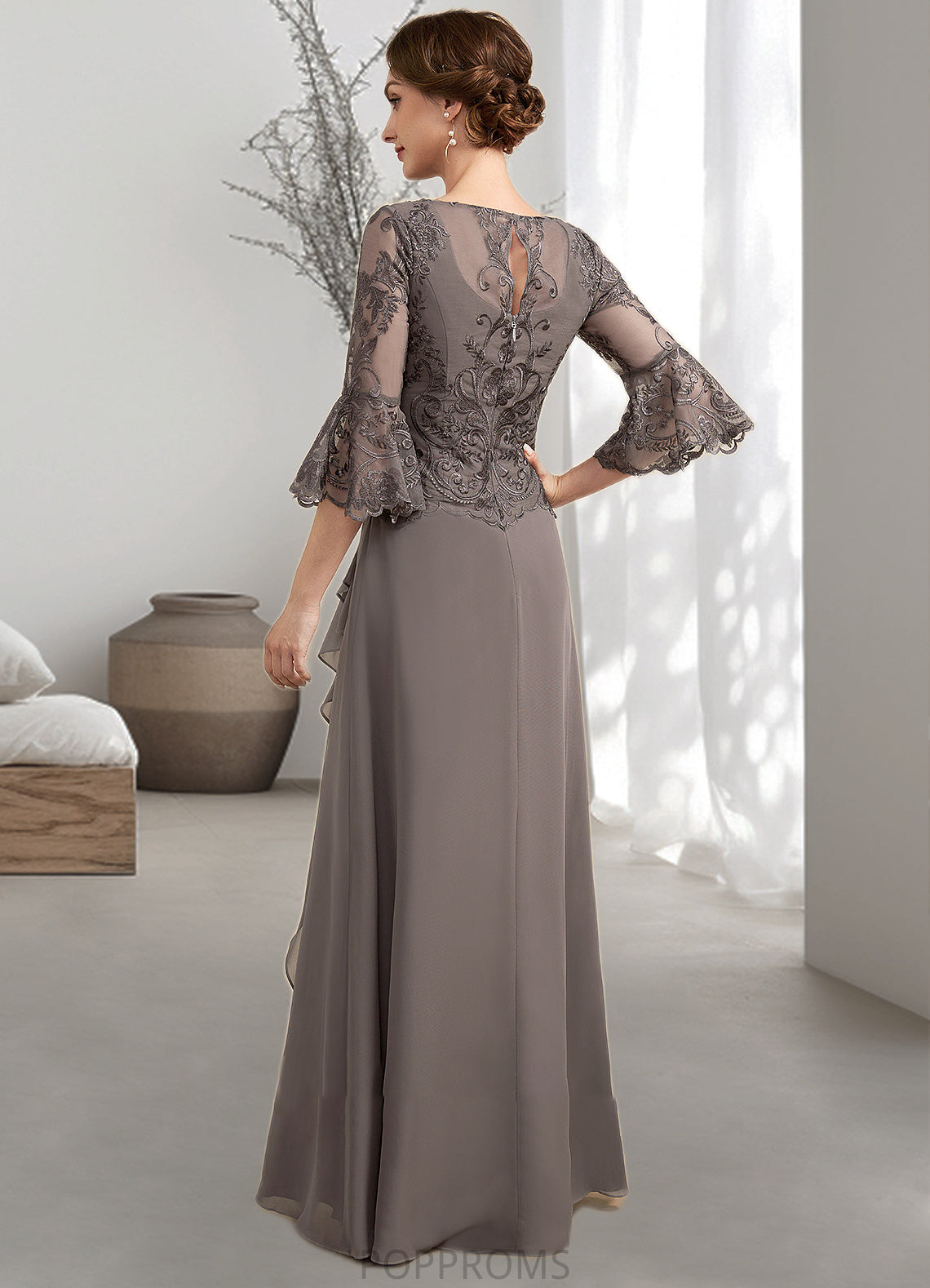 Madelyn A-Line Scoop Neck Floor-Length Chiffon Lace Mother of the Bride Dress With Beading Cascading Ruffles PP6126P0014797