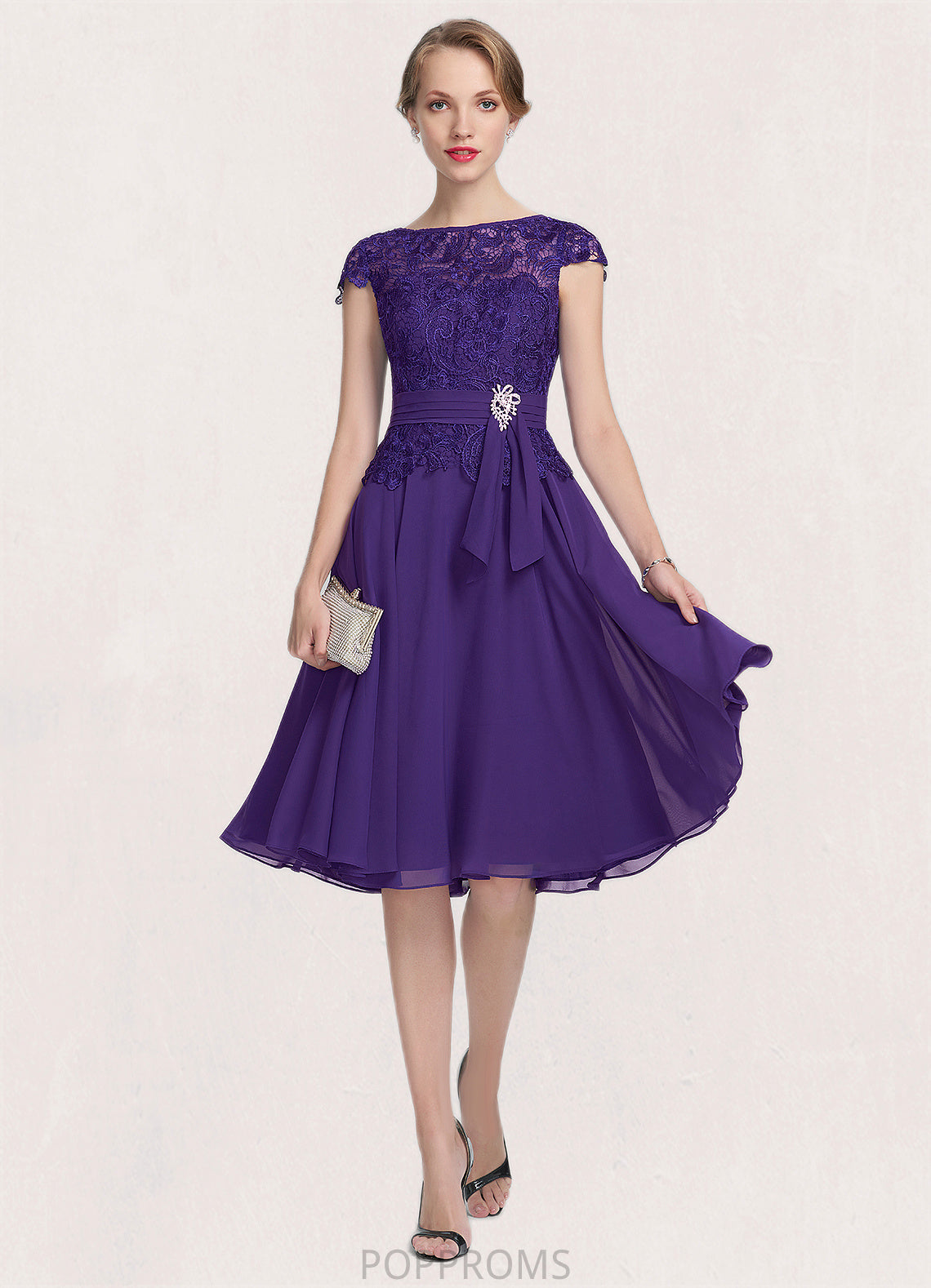 Sofia A-Line Scoop Neck Knee-Length Chiffon Lace Mother of the Bride Dress With Beading PP6126P0014814