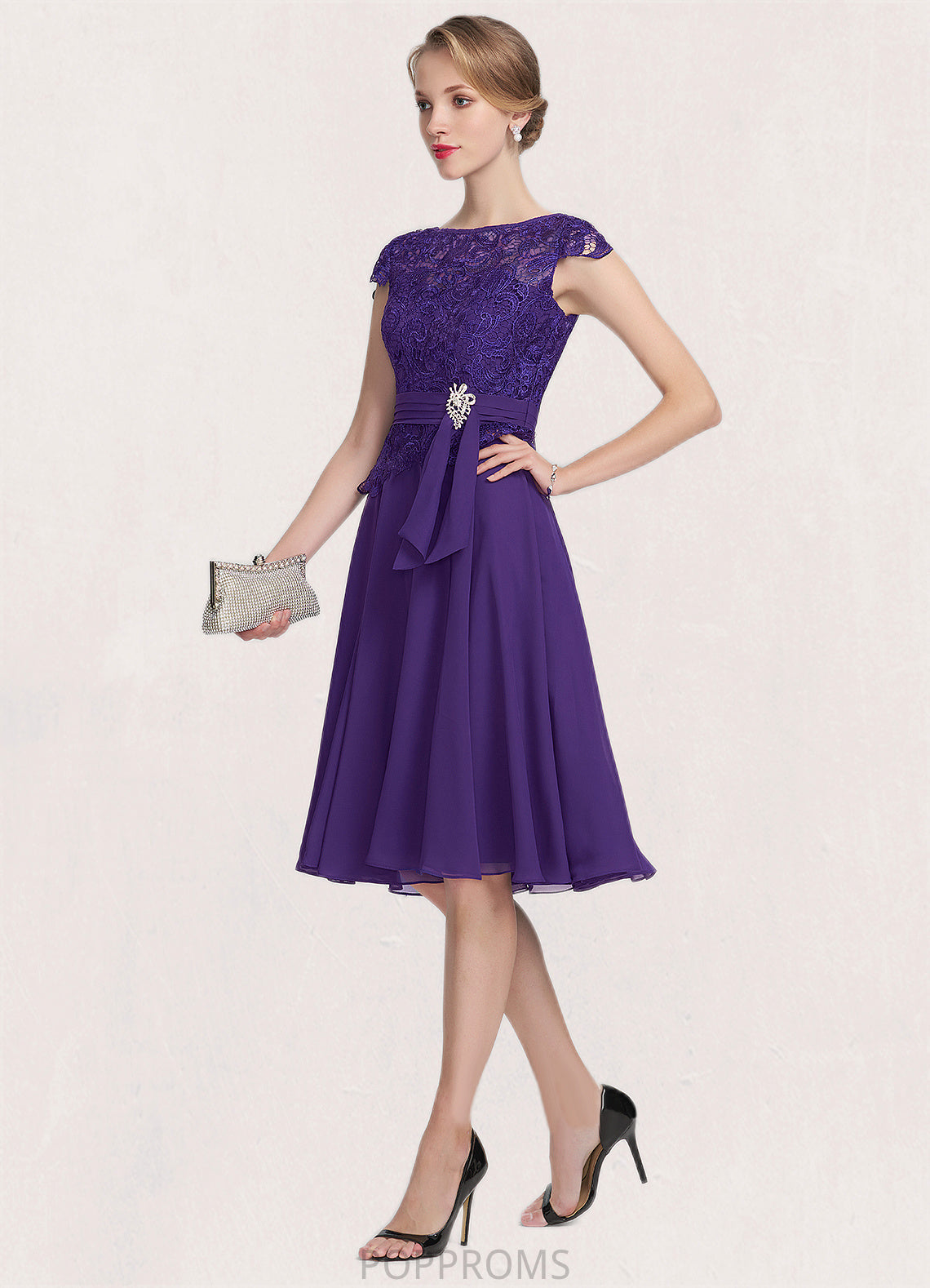 Sofia A-Line Scoop Neck Knee-Length Chiffon Lace Mother of the Bride Dress With Beading PP6126P0014814