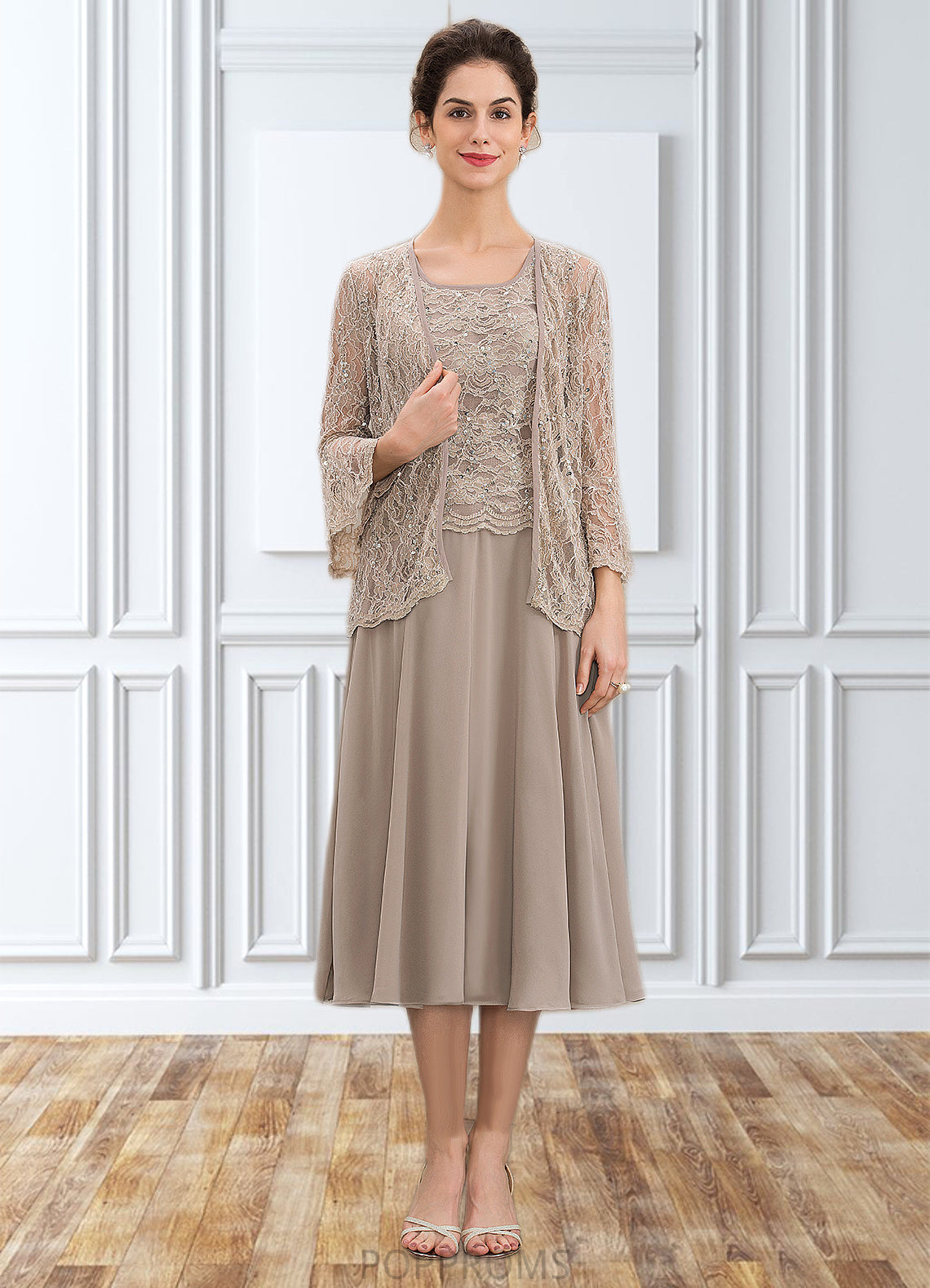 Yesenia A-Line Scoop Neck Tea-Length Chiffon Lace Mother of the Bride Dress With Sequins PP6126P0014816