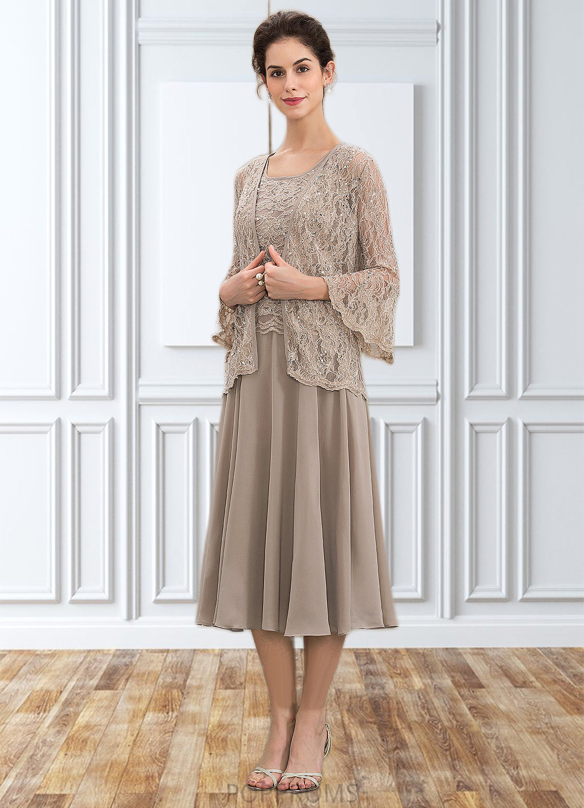 Yesenia A-Line Scoop Neck Tea-Length Chiffon Lace Mother of the Bride Dress With Sequins PP6126P0014816