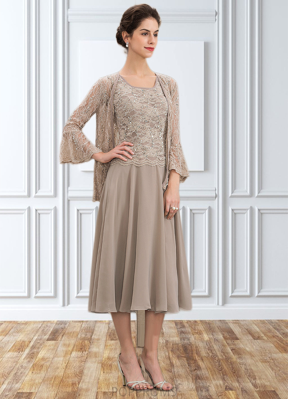 Yesenia A-Line Scoop Neck Tea-Length Chiffon Lace Mother of the Bride Dress With Sequins PP6126P0014816