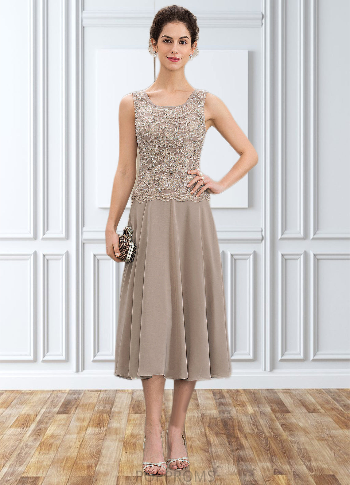 Yesenia A-Line Scoop Neck Tea-Length Chiffon Lace Mother of the Bride Dress With Sequins PP6126P0014816