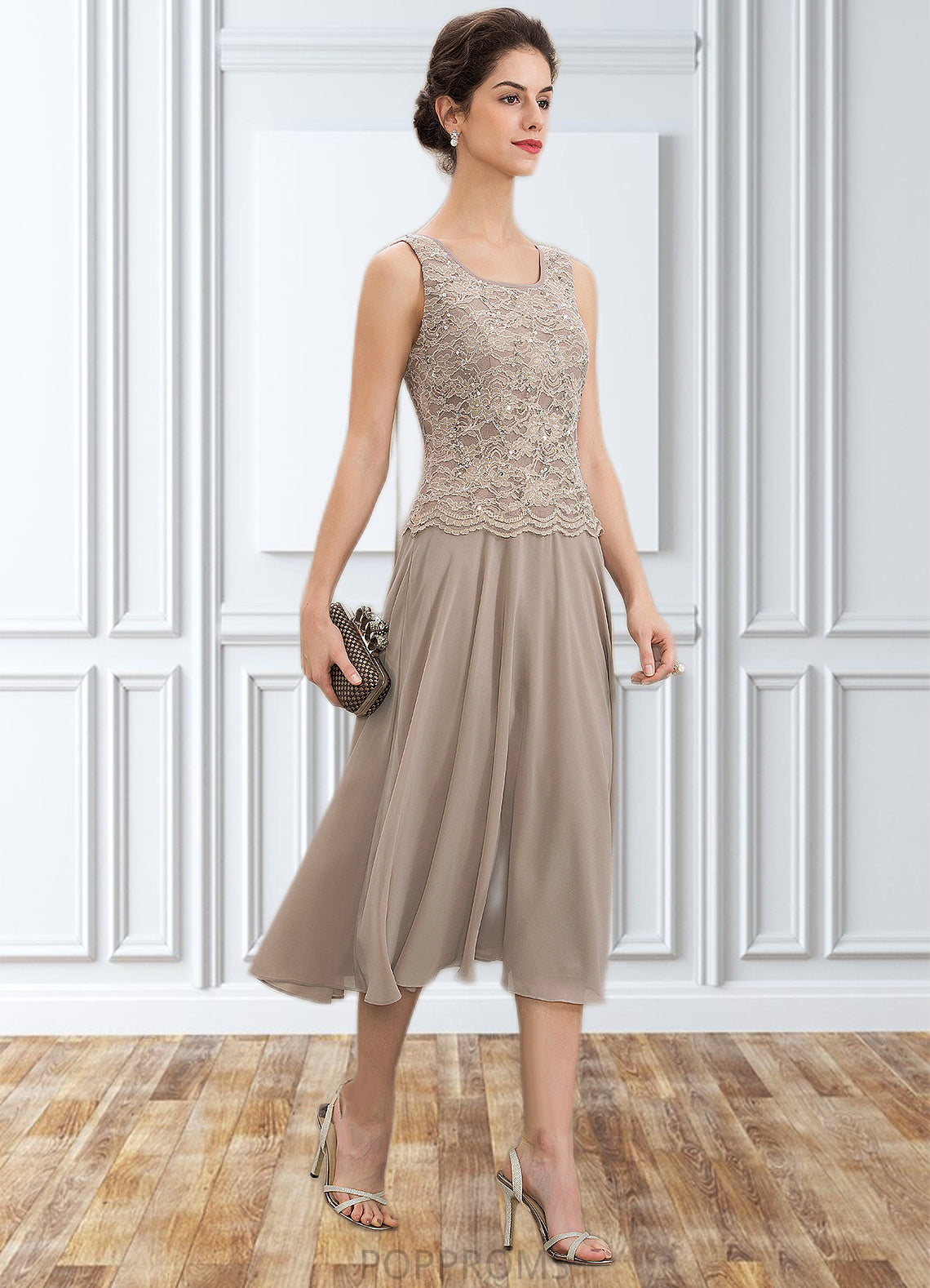 Yesenia A-Line Scoop Neck Tea-Length Chiffon Lace Mother of the Bride Dress With Sequins PP6126P0014816