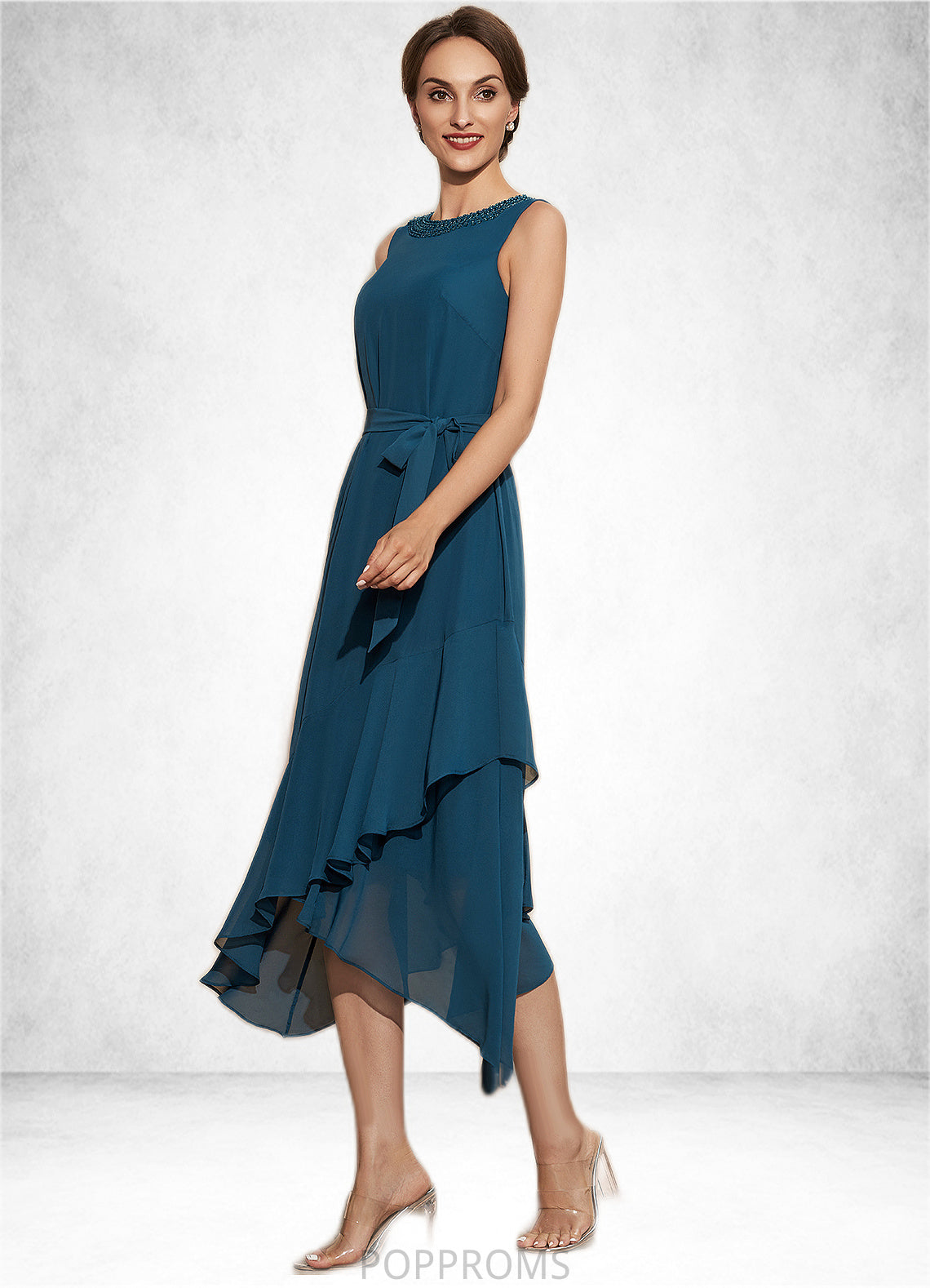 Essence A-Line Scoop Neck Asymmetrical Chiffon Mother of the Bride Dress With Beading Cascading Ruffles PP6126P0014817