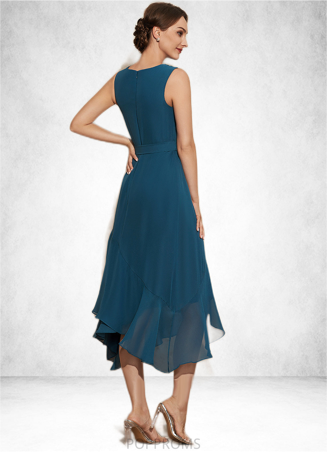 Essence A-Line Scoop Neck Asymmetrical Chiffon Mother of the Bride Dress With Beading Cascading Ruffles PP6126P0014817