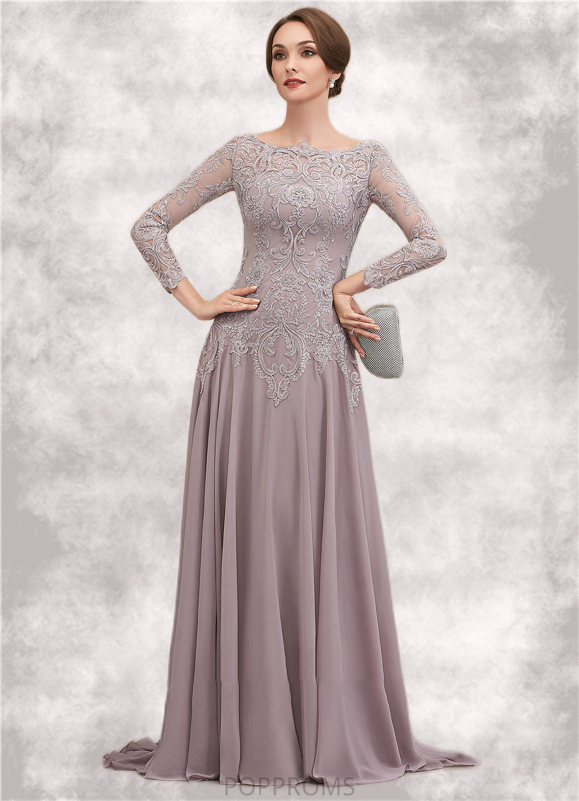 Caitlin A-Line Scoop Neck Sweep Train Chiffon Lace Mother of the Bride Dress With Sequins PP6126P0014819