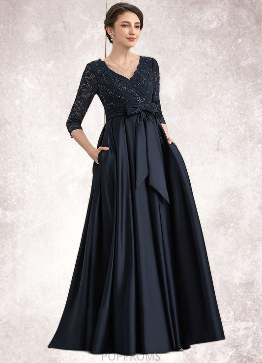 Rita A-Line V-neck Floor-Length Satin Lace Mother of the Bride Dress With Sequins Bow(s) Pockets PP6126P0014820