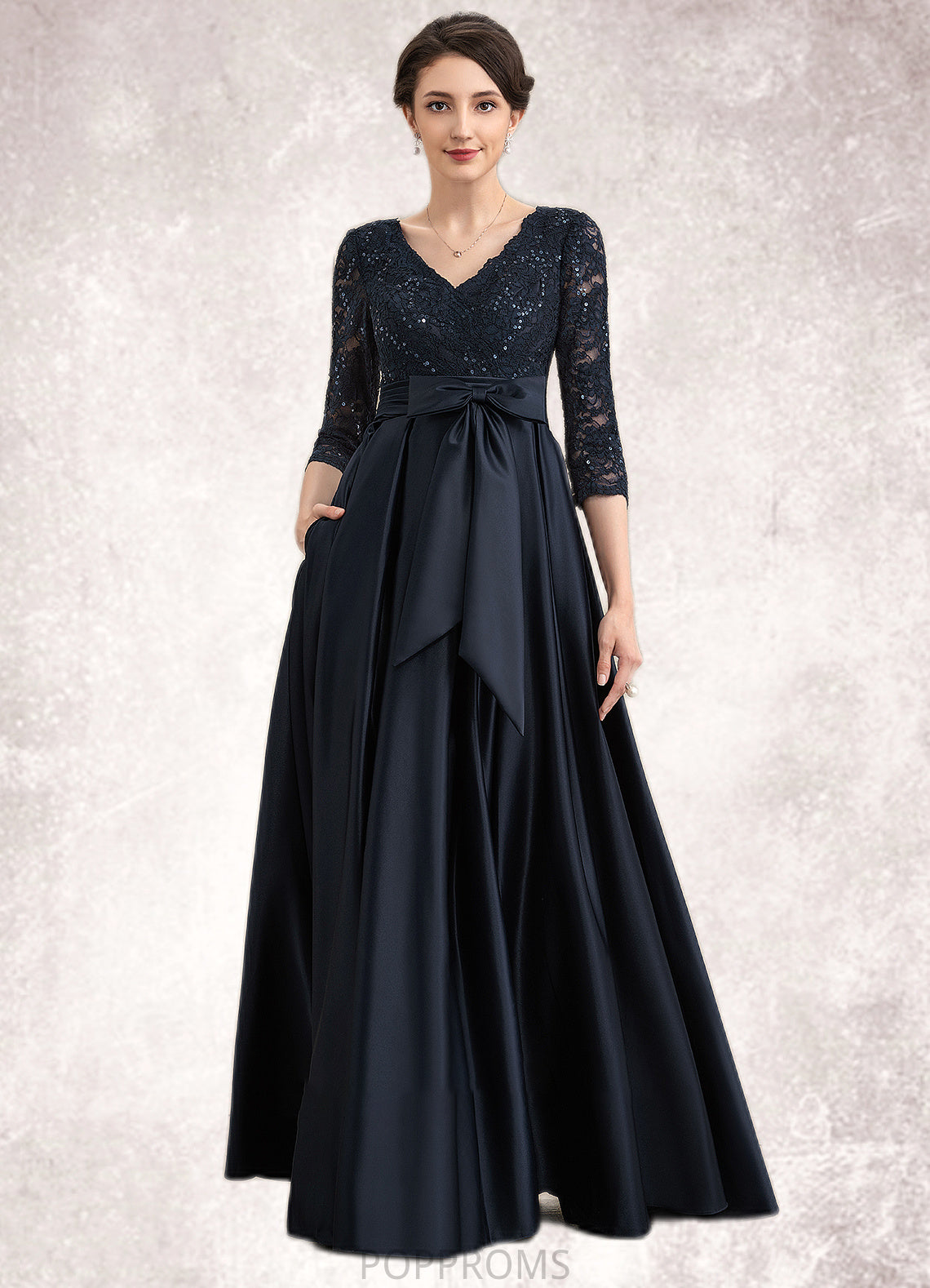 Rita A-Line V-neck Floor-Length Satin Lace Mother of the Bride Dress With Sequins Bow(s) Pockets PP6126P0014820