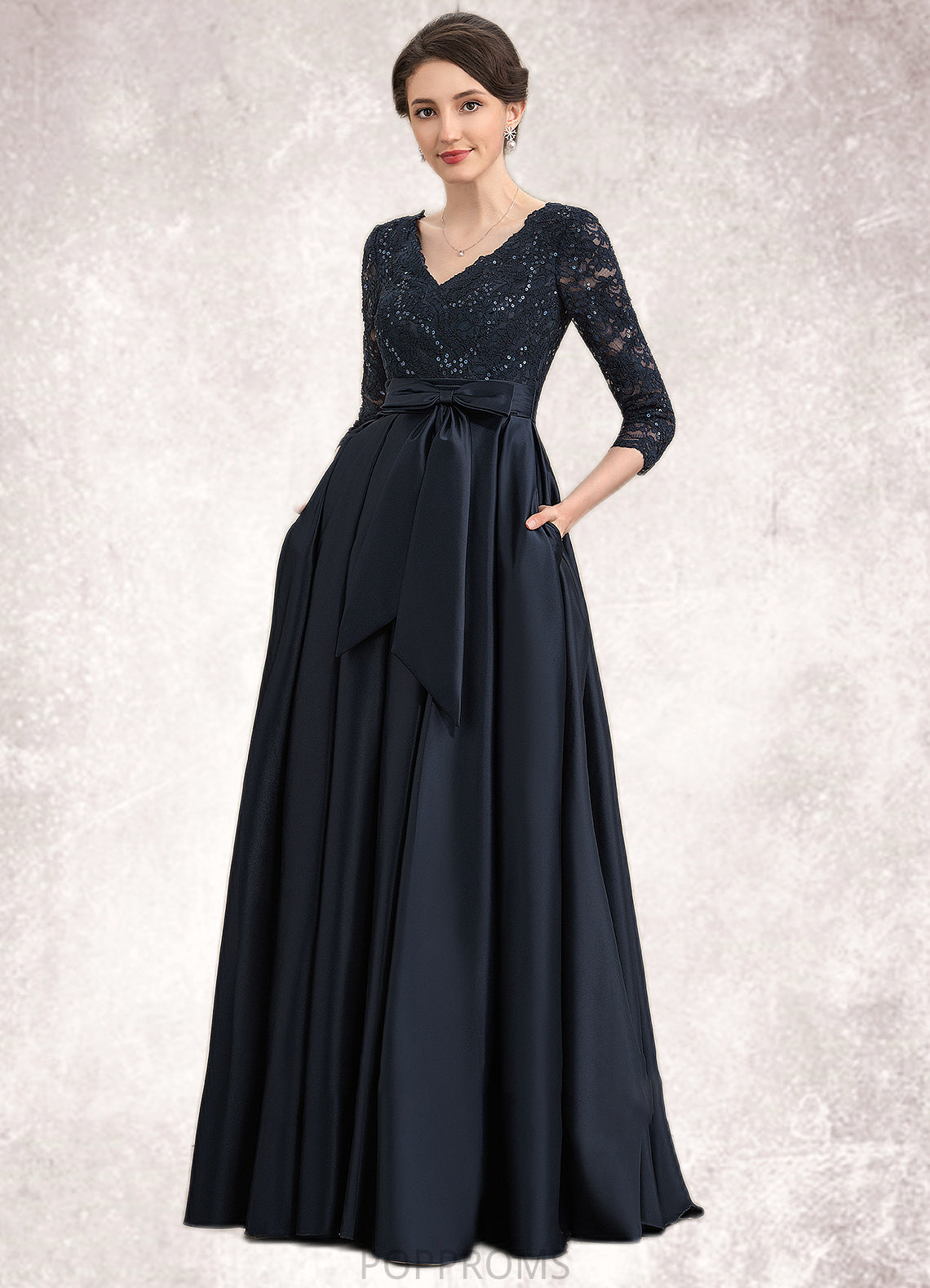 Rita A-Line V-neck Floor-Length Satin Lace Mother of the Bride Dress With Sequins Bow(s) Pockets PP6126P0014820