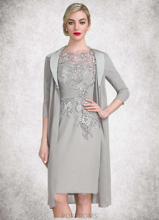 Elle Sheath/Column Scoop Neck Knee-Length Chiffon Lace Mother of the Bride Dress With Ruffle Beading PP6126P0014821