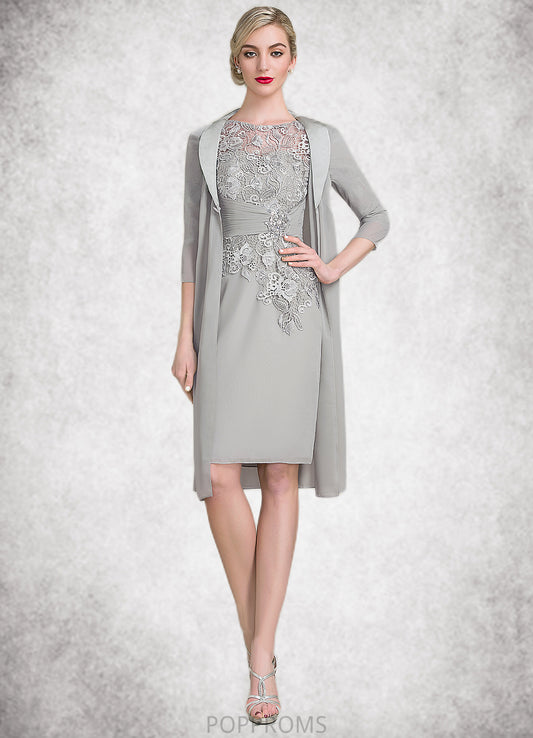 Elle Sheath/Column Scoop Neck Knee-Length Chiffon Lace Mother of the Bride Dress With Ruffle Beading PP6126P0014821