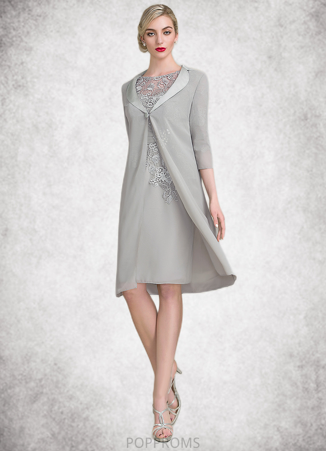 Elle Sheath/Column Scoop Neck Knee-Length Chiffon Lace Mother of the Bride Dress With Ruffle Beading PP6126P0014821