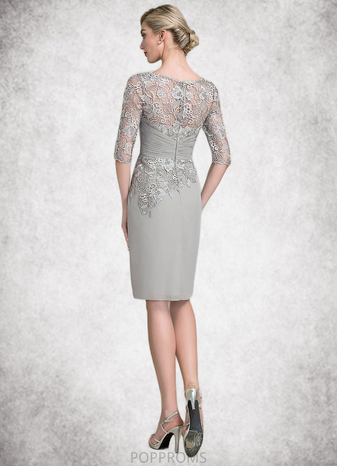 Elle Sheath/Column Scoop Neck Knee-Length Chiffon Lace Mother of the Bride Dress With Ruffle Beading PP6126P0014821