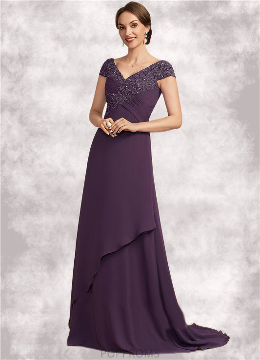 Maren A-Line V-neck Sweep Train Chiffon Lace Mother of the Bride Dress With Ruffle Beading PP6126P0014824