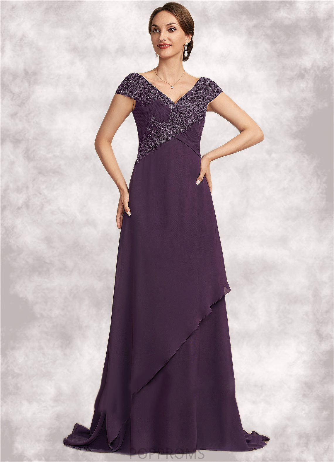 Maren A-Line V-neck Sweep Train Chiffon Lace Mother of the Bride Dress With Ruffle Beading PP6126P0014824