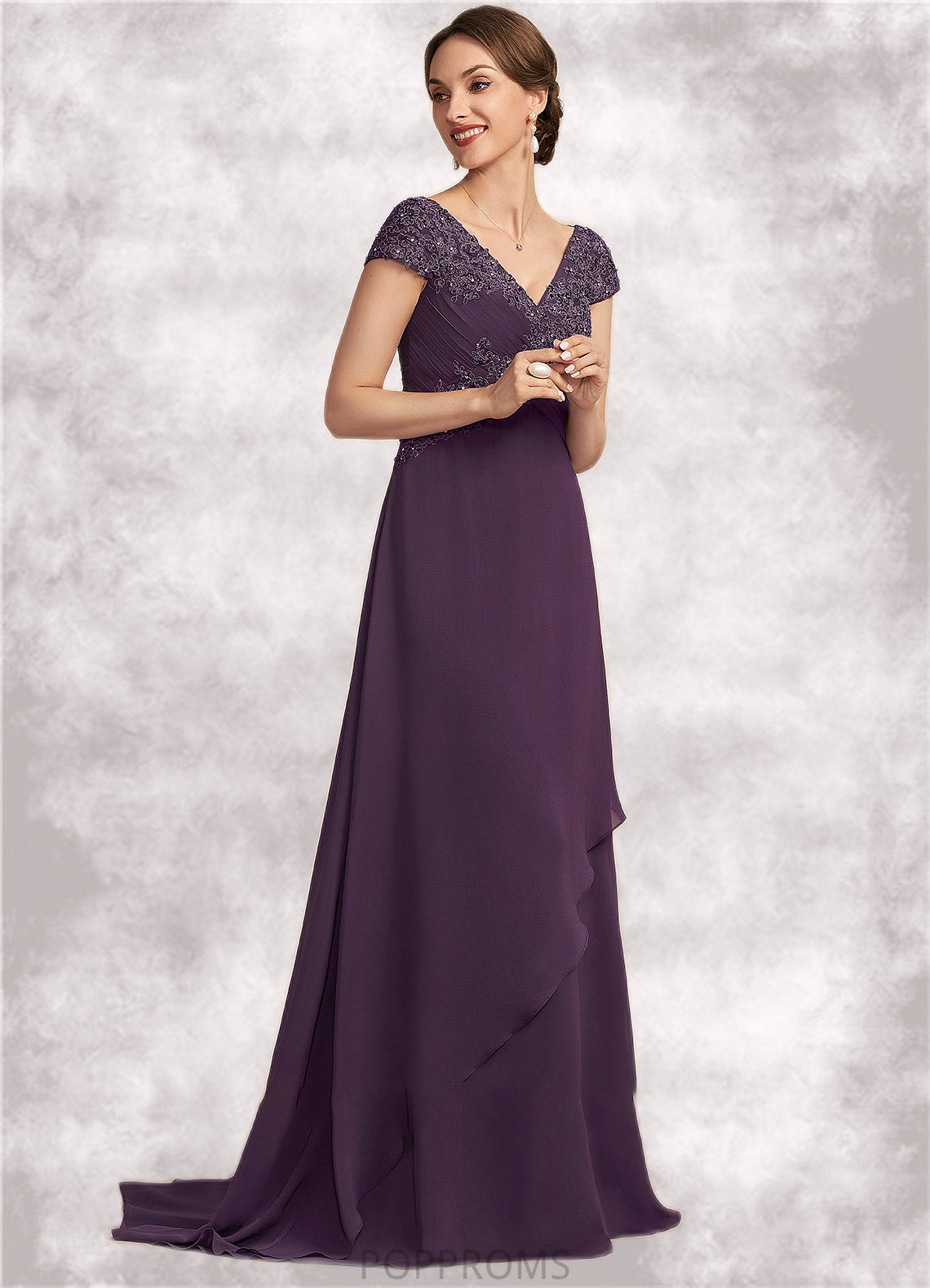 Maren A-Line V-neck Sweep Train Chiffon Lace Mother of the Bride Dress With Ruffle Beading PP6126P0014824