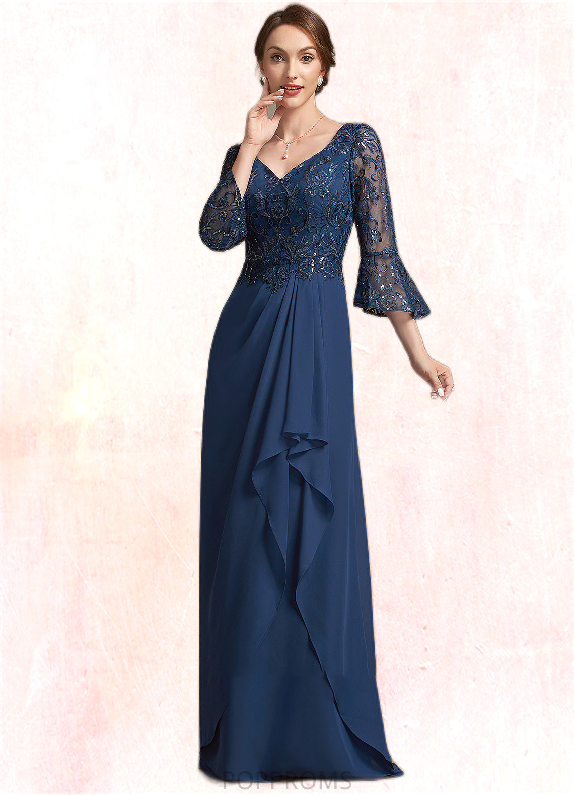 Marin A-Line V-neck Floor-Length Chiffon Lace Mother of the Bride Dress With Sequins Cascading Ruffles PP6126P0014825