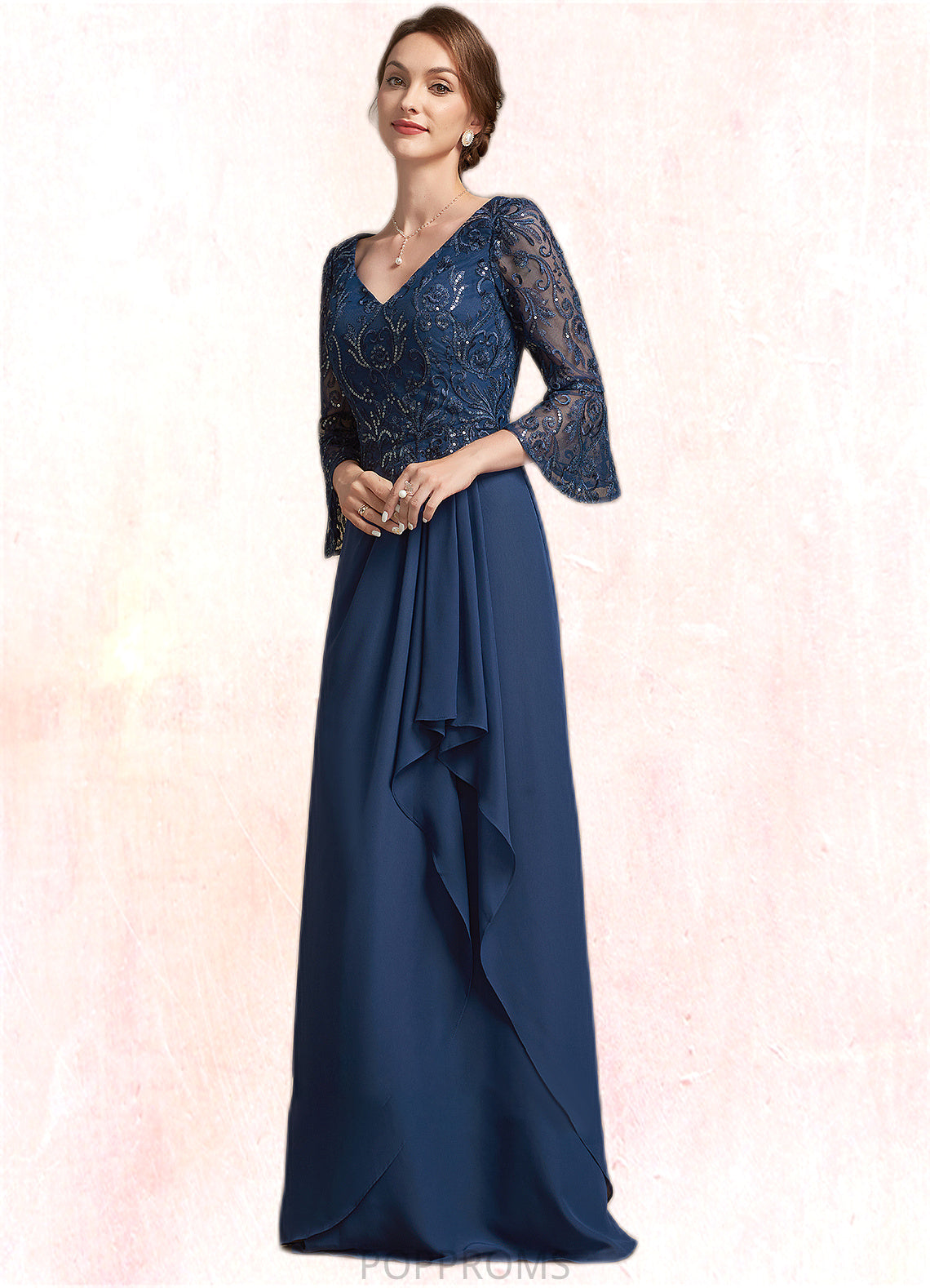 Marin A-Line V-neck Floor-Length Chiffon Lace Mother of the Bride Dress With Sequins Cascading Ruffles PP6126P0014825