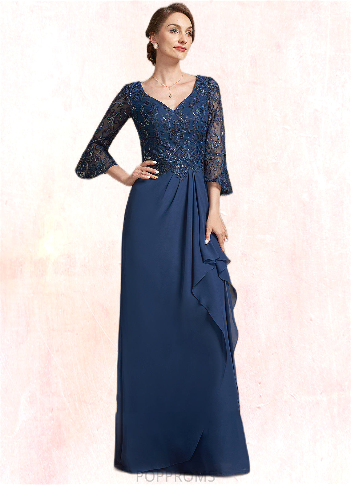 Marin A-Line V-neck Floor-Length Chiffon Lace Mother of the Bride Dress With Sequins Cascading Ruffles PP6126P0014825