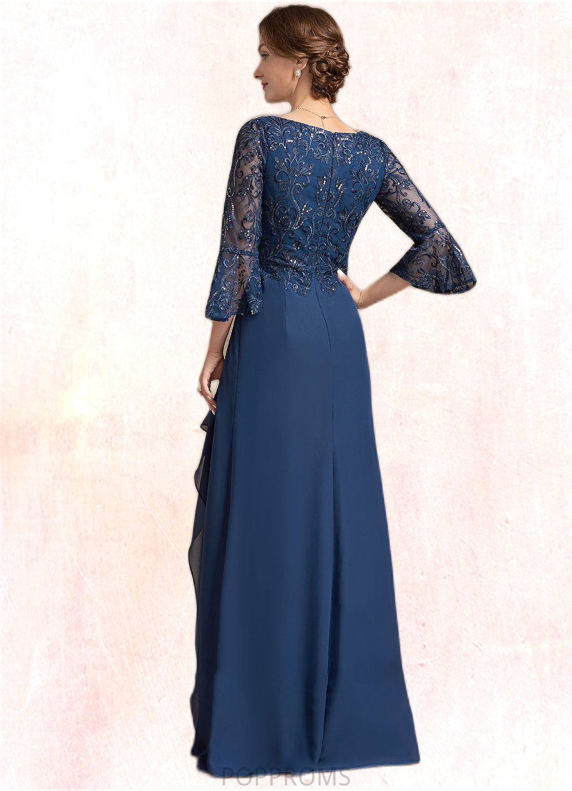 Marin A-Line V-neck Floor-Length Chiffon Lace Mother of the Bride Dress With Sequins Cascading Ruffles PP6126P0014825