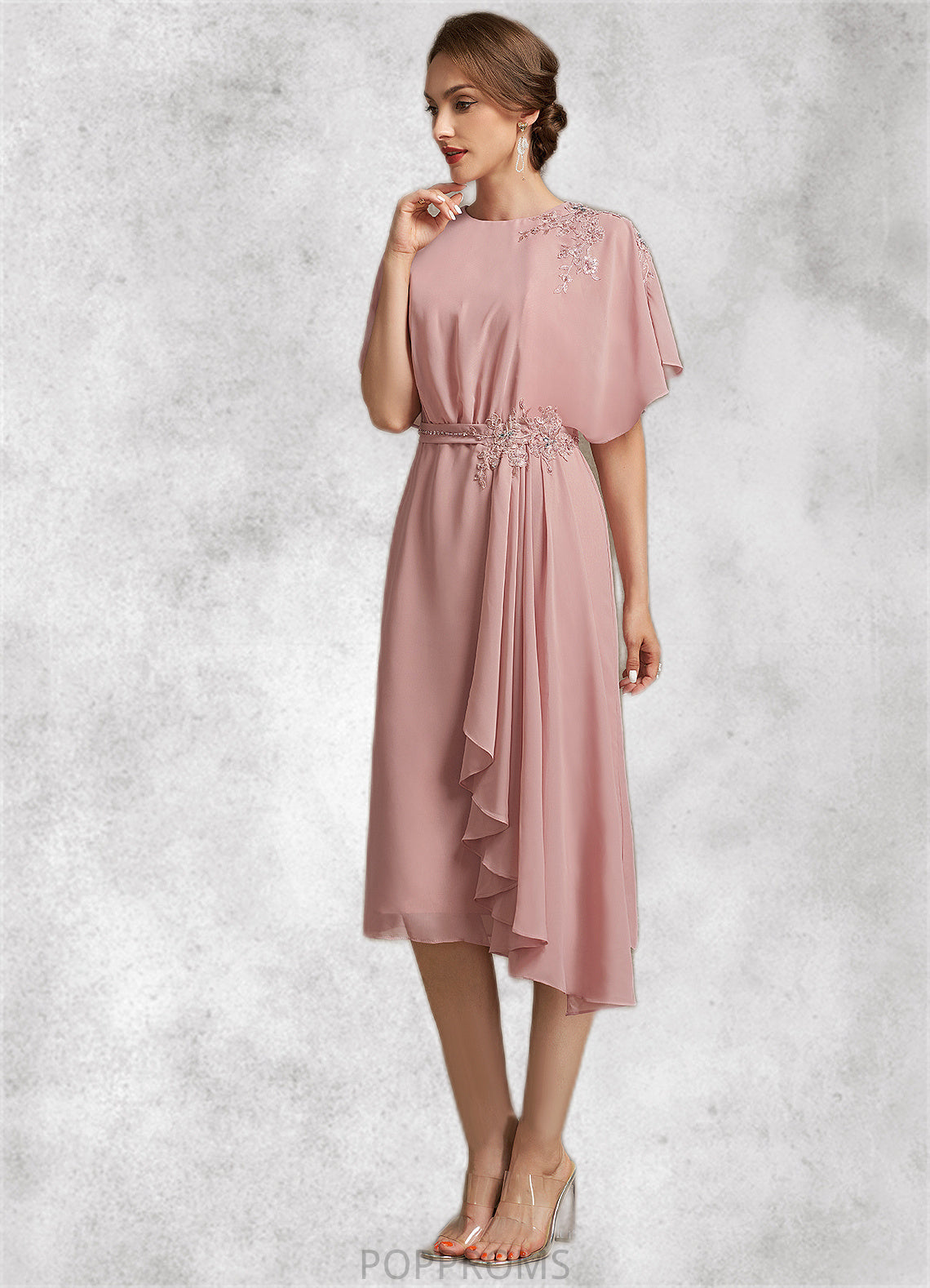 Kenna Sheath/Column Scoop Neck Knee-Length Chiffon Mother of the Bride Dress With Appliques Lace PP6126P0014829