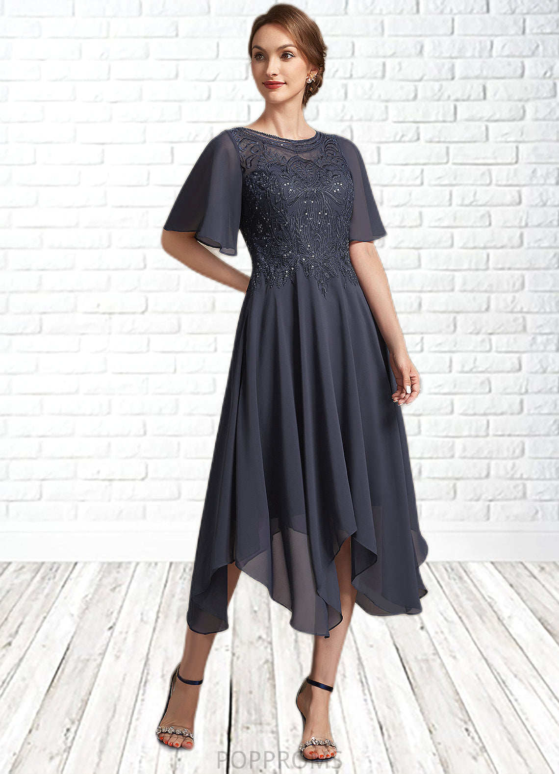 Jacquelyn A-Line Scoop Neck Tea-Length Chiffon Lace Mother of the Bride Dress With Sequins PP6126P0014830