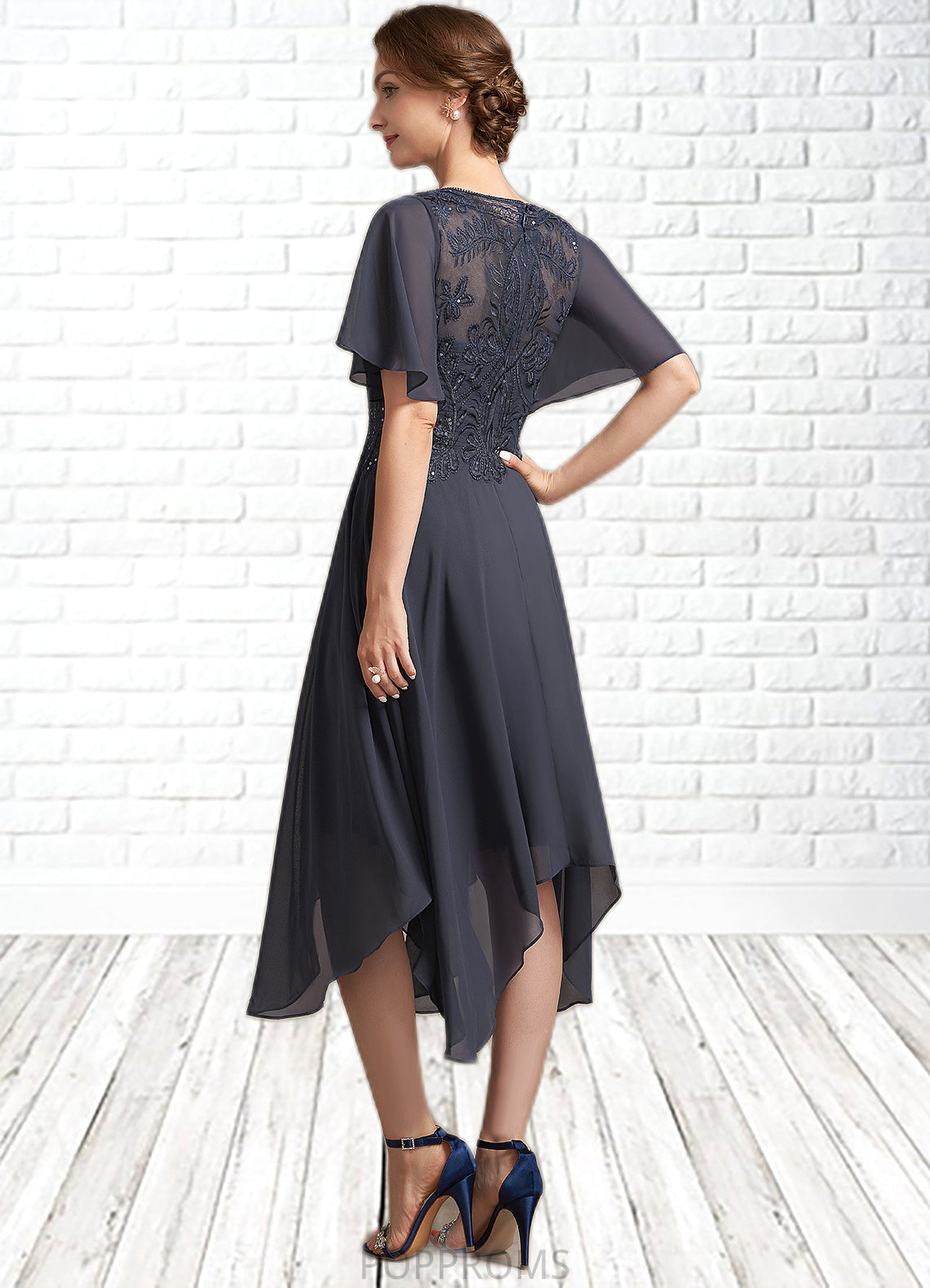 Jacquelyn A-Line Scoop Neck Tea-Length Chiffon Lace Mother of the Bride Dress With Sequins PP6126P0014830