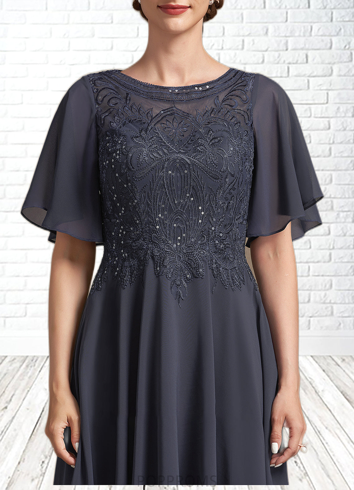 Jacquelyn A-Line Scoop Neck Tea-Length Chiffon Lace Mother of the Bride Dress With Sequins PP6126P0014830