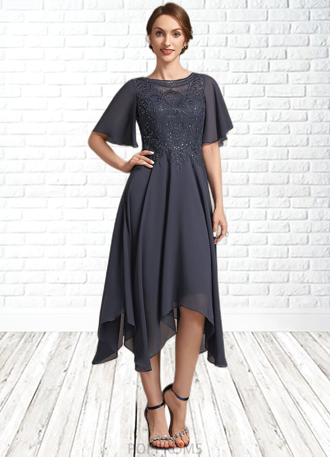 Jacquelyn A-Line Scoop Neck Tea-Length Chiffon Lace Mother of the Bride Dress With Sequins PP6126P0014830