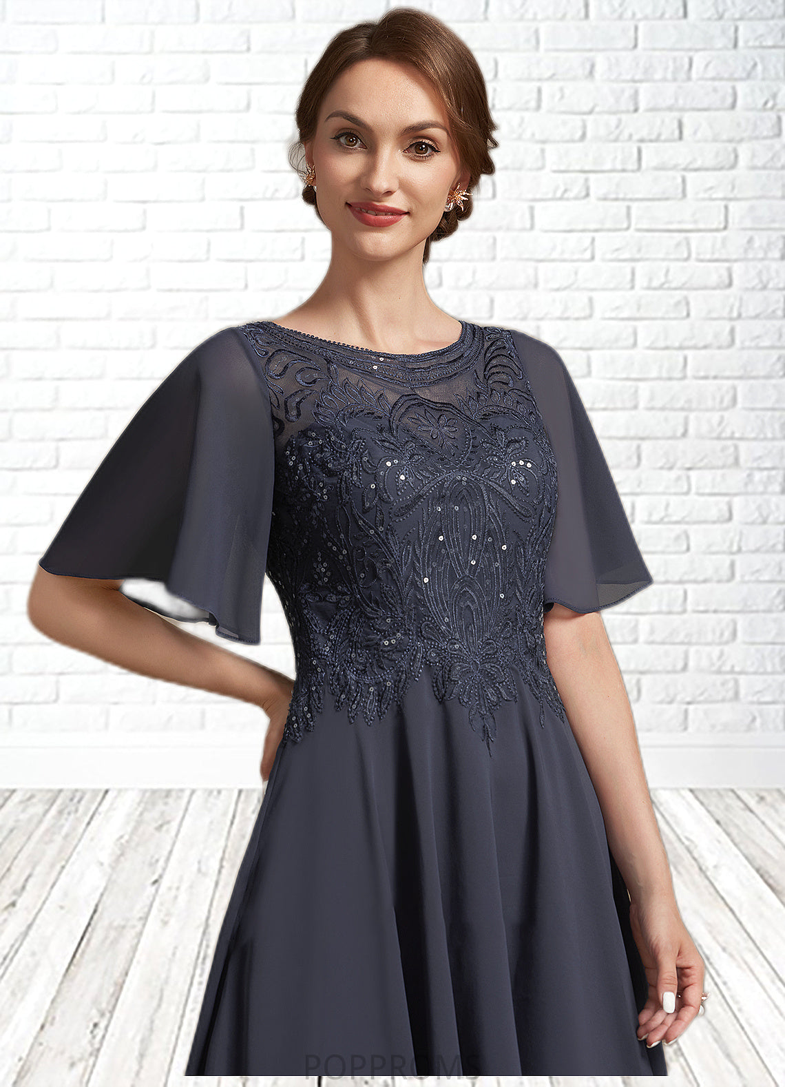 Jacquelyn A-Line Scoop Neck Tea-Length Chiffon Lace Mother of the Bride Dress With Sequins PP6126P0014830