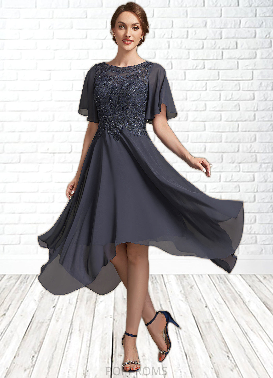 Jacquelyn A-Line Scoop Neck Tea-Length Chiffon Lace Mother of the Bride Dress With Sequins PP6126P0014830