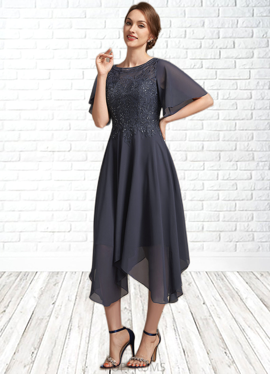 Jacquelyn A-Line Scoop Neck Tea-Length Chiffon Lace Mother of the Bride Dress With Sequins PP6126P0014830