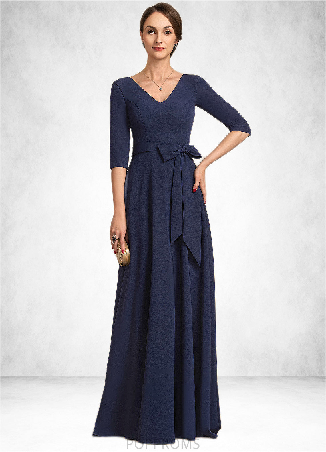 Heidy A-Line V-neck Floor-Length Stretch Crepe Mother of the Bride Dress With Bow(s) PP6126P0014831